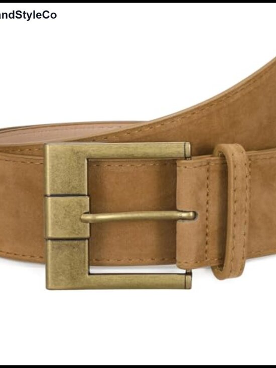 Accessories - Wide Suede Leather Belt with Brass Buckle, Chunky Waist Belt for Dresses,